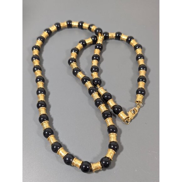 Vintage LCI Liz Claiborne Black BEad Textured Gold Tone Necklace 30" - Picture 2 of 8